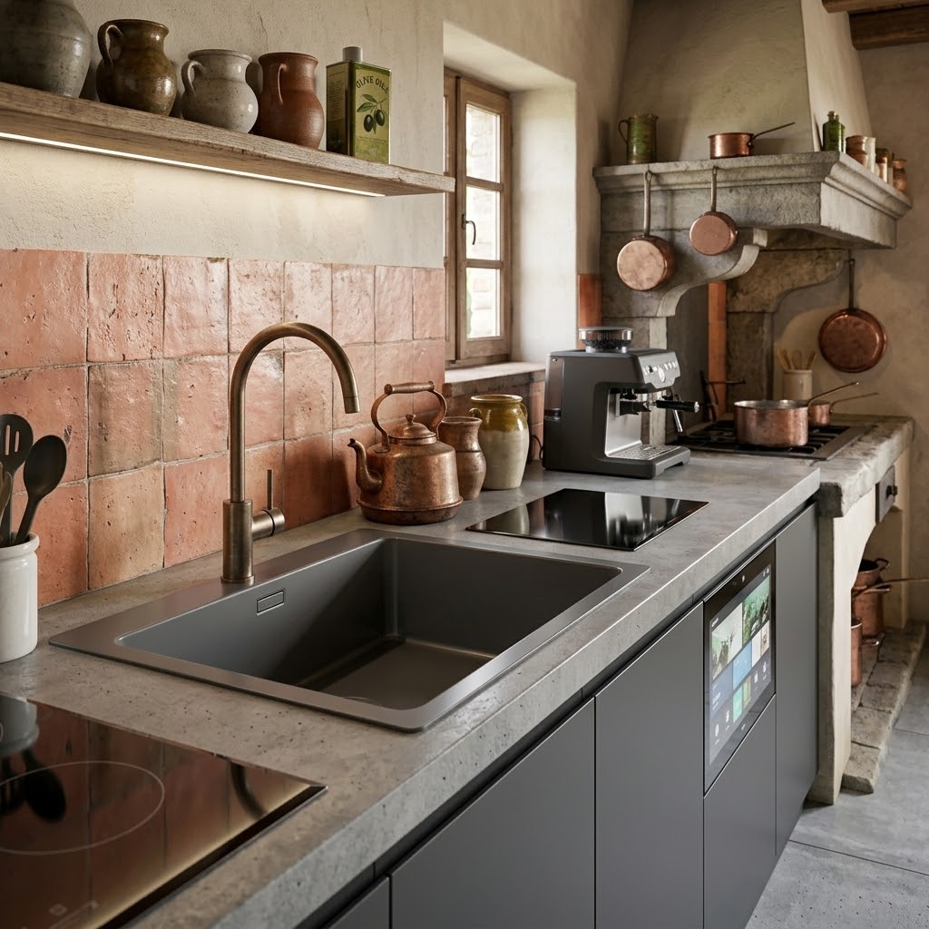 Cucina rustica con lavello, macchina da caffè, piano in pietra, piastrelle in cotto e mensole.