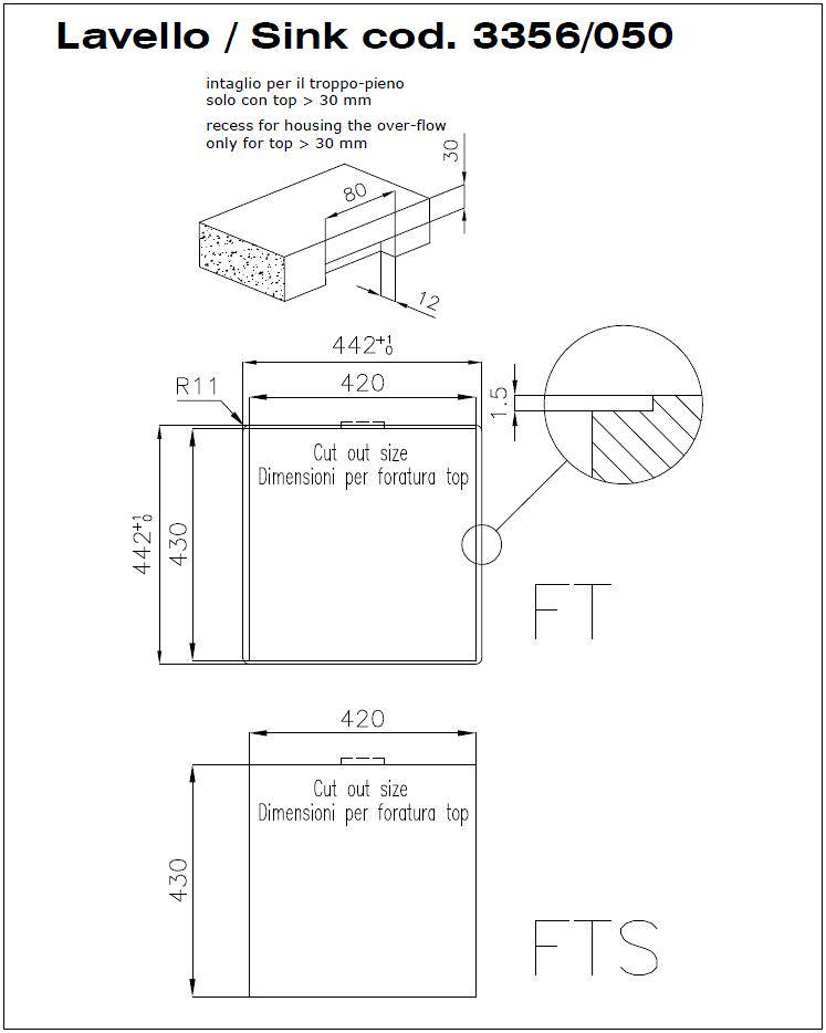 Disegno tecnico con quote per lavello codice 3356/050.