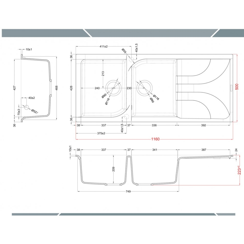 Disegno tecnico di un lavello da cucina con quote in millimetri, comprese viste dall'alto, laterali e in sezione.