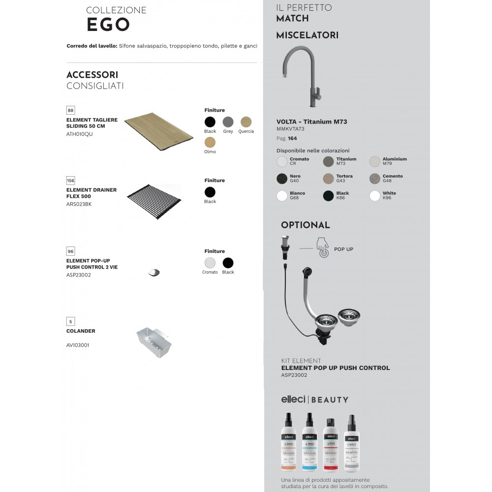 Pagina catalogo per accessori collezione Ego, miscelatori, kit push-control e prodotti cura.