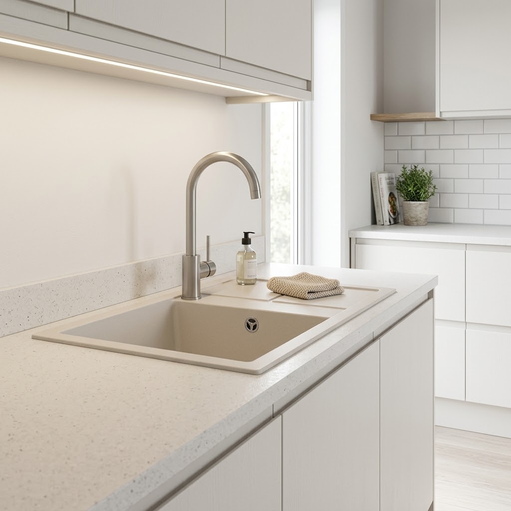 Moderna cucina bianca con lavello chiaro, rubinetto e illuminazione sotto i pensili.