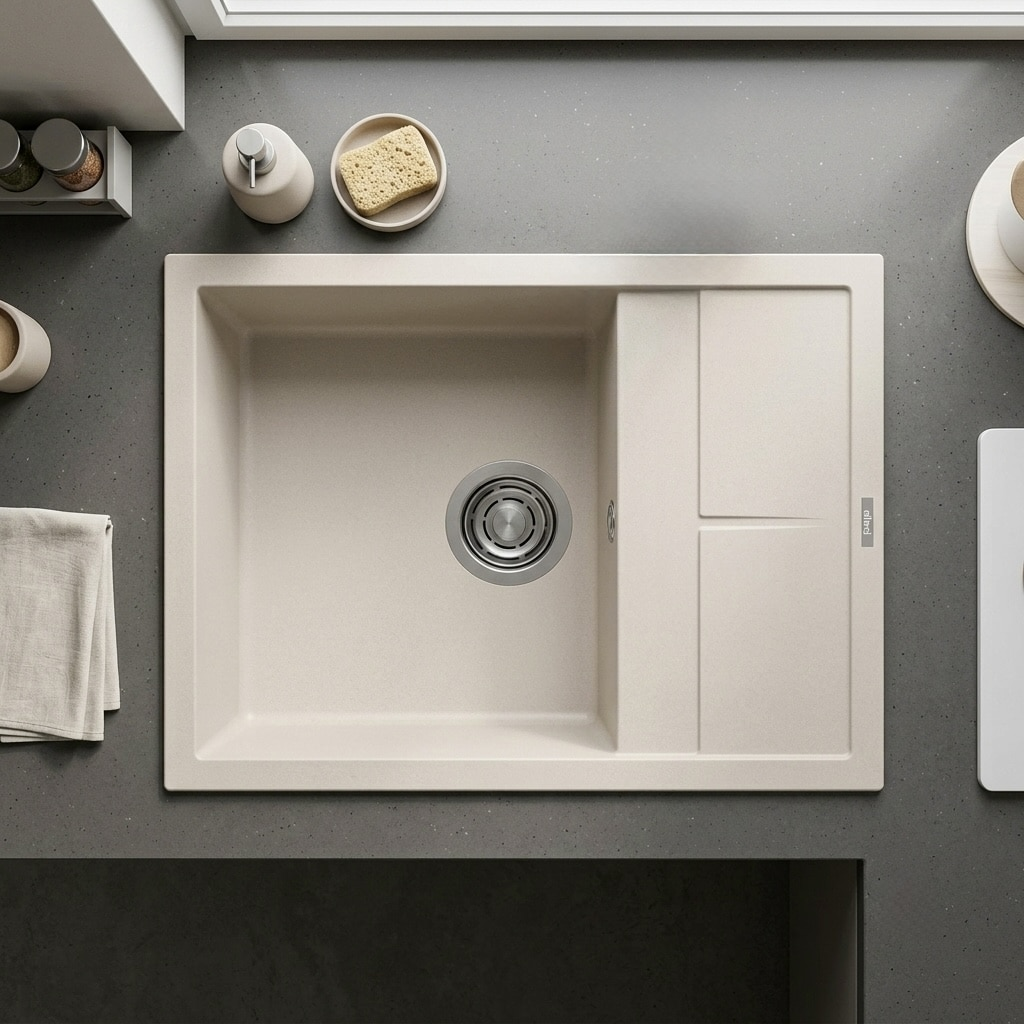 Un lavello da cucina beige con scarico in acciaio inossidabile, inserito in un piano grigio.