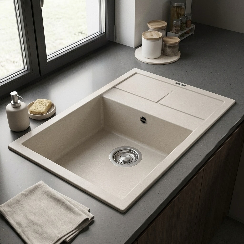 Lavello da cucina in pietra beige su piano scuro con dispenser di sapone.