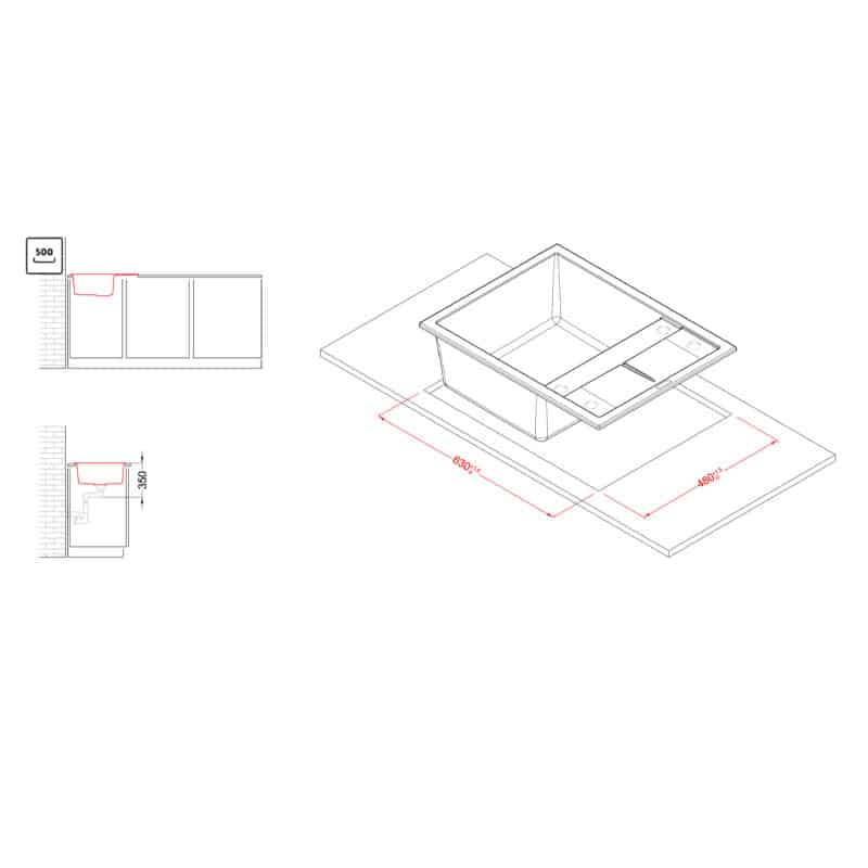 Disegno tecnico di un lavello da cucina con dimensioni.
