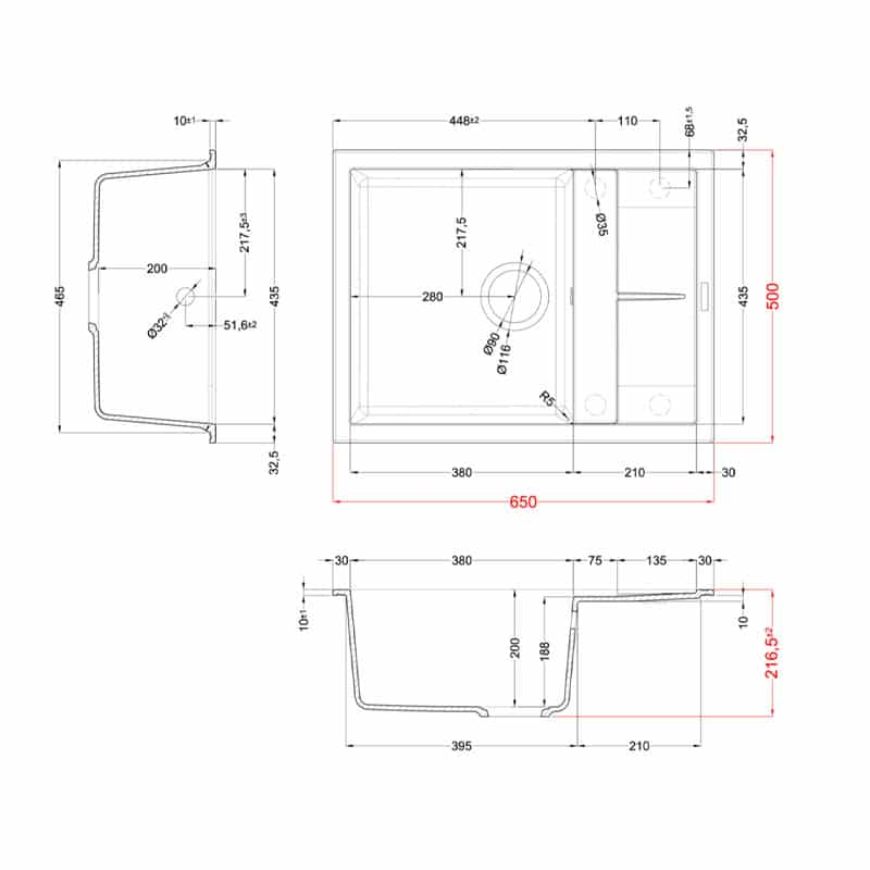 Disegno tecnico di un lavello da cucina con dimensioni, che mostra viste dall'alto, laterale e frontale.