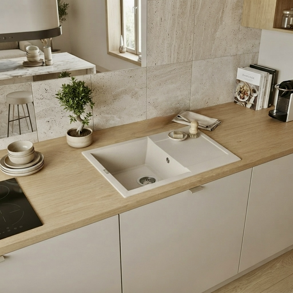 Cucina moderna con piano in legno, lavello bianco, piccola pianta in vaso, ciotole impilate e libri di cucina.