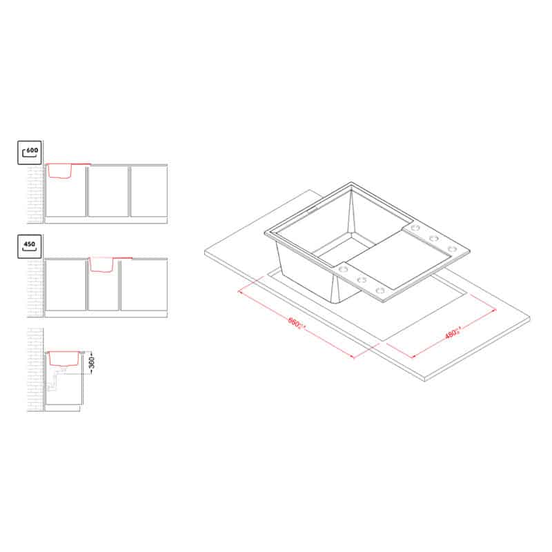 Disegno tecnico di un lavello da cucina con dimensioni e opzioni di installazione.