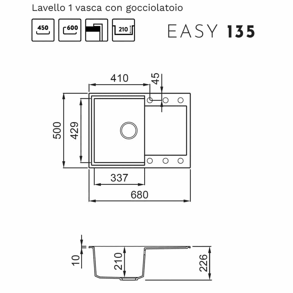 Disegno tecnico di un lavello a una vasca con gocciolatoio, incluse le misure dimensionali.