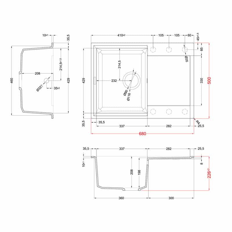Disegno tecnico di un lavello da cucina con quote da più angolazioni.