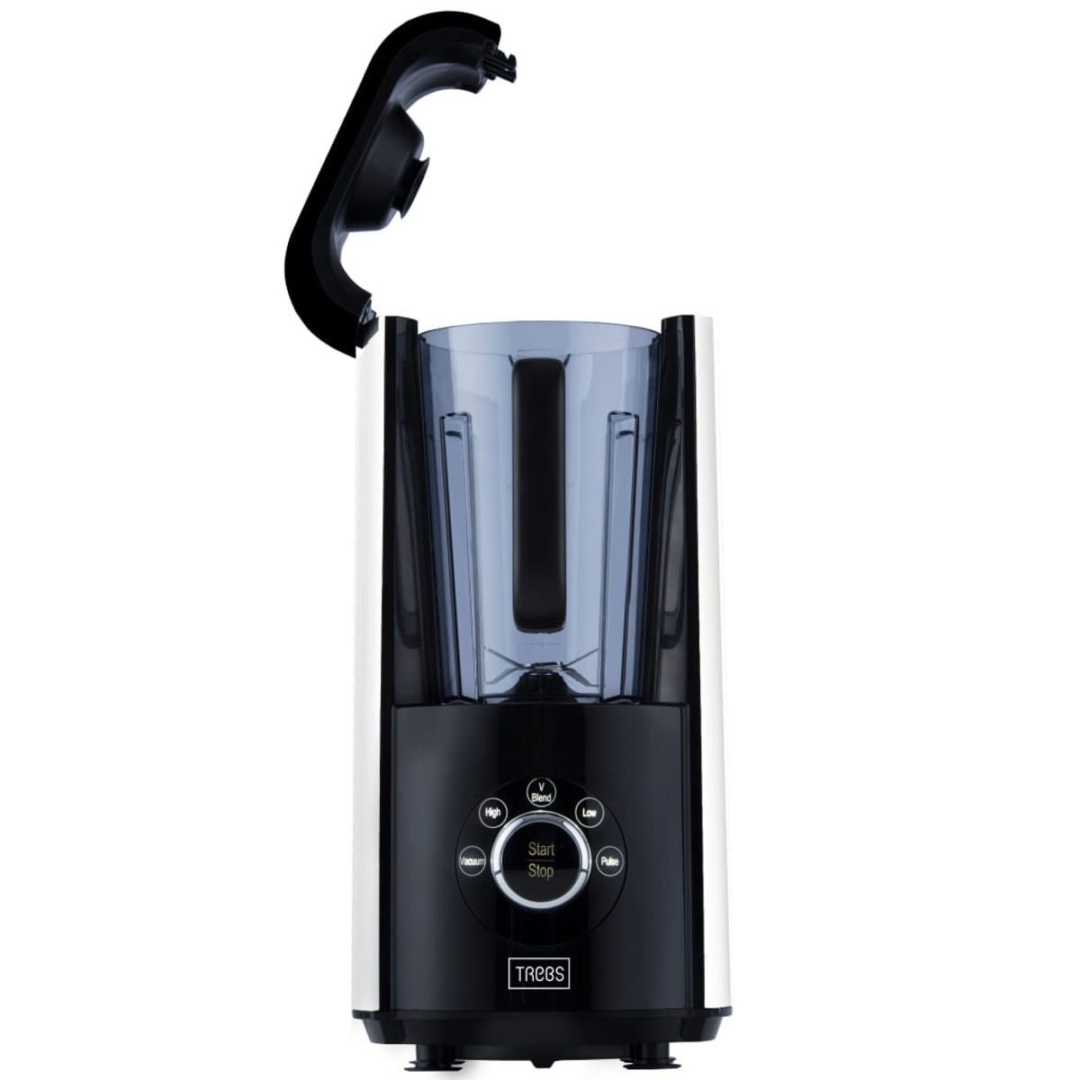 Ein schwarzer und silberner Mixer mit geöffnetem Deckel, Knöpfen vorne und einem klaren Krug.