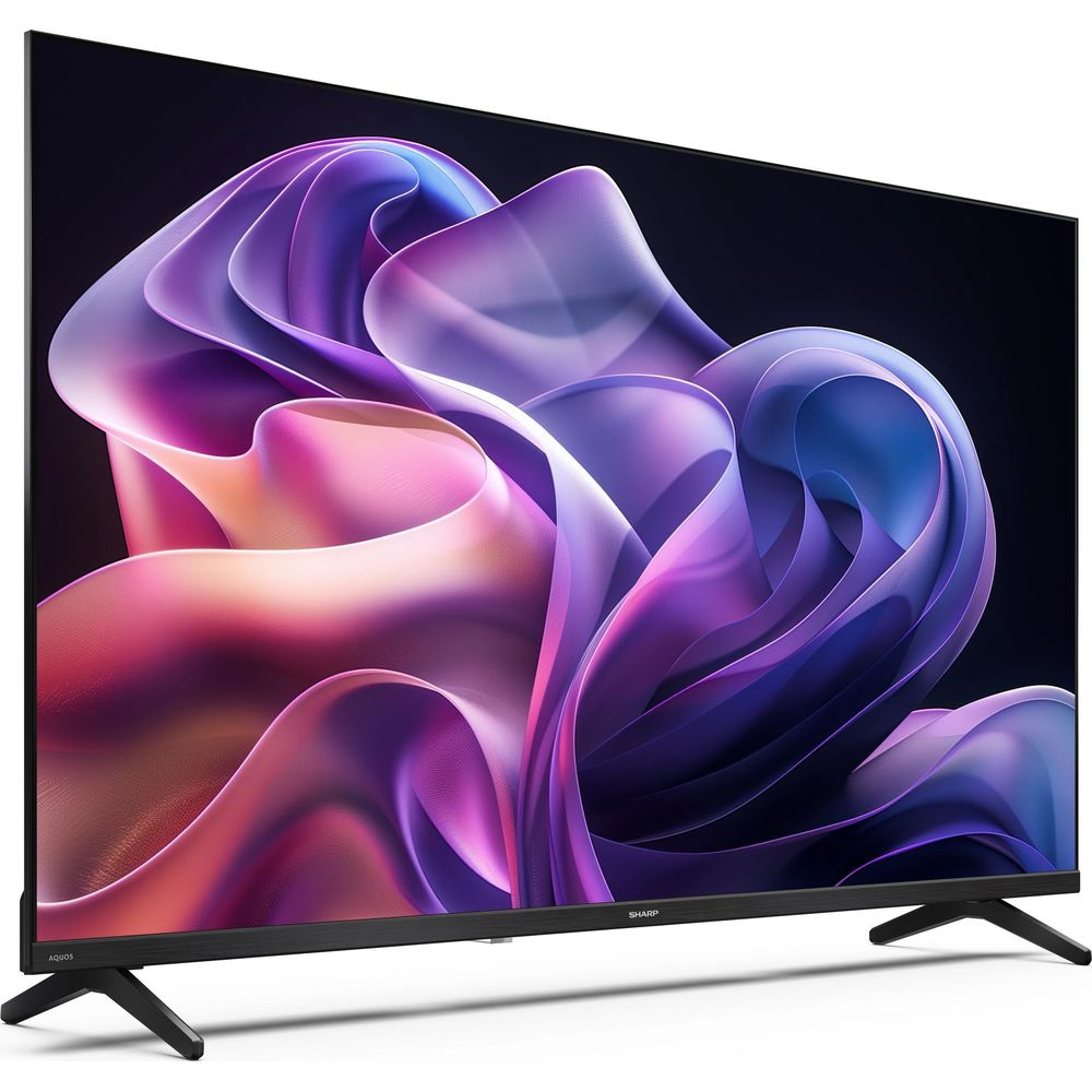 Ein moderner Fernseher mit schwarzem Rahmen und Standfüßen zeigt ein abstraktes, violettes und blaues Muster.