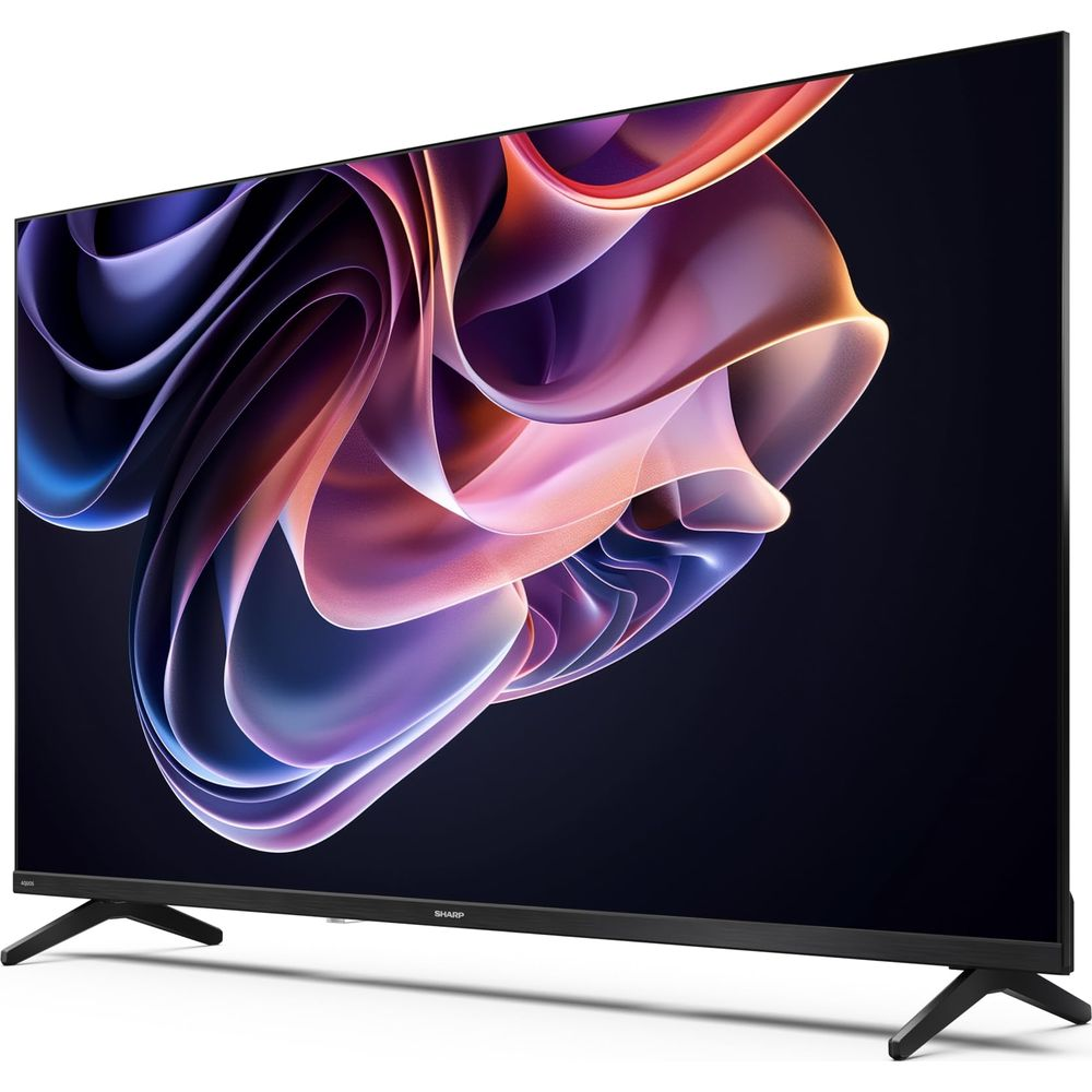 Ein Sharp-Flachbildfernseher zeigt ein abstraktes Bild mit rosa, lila und blauen fließenden Formen auf schwarzem Grund.