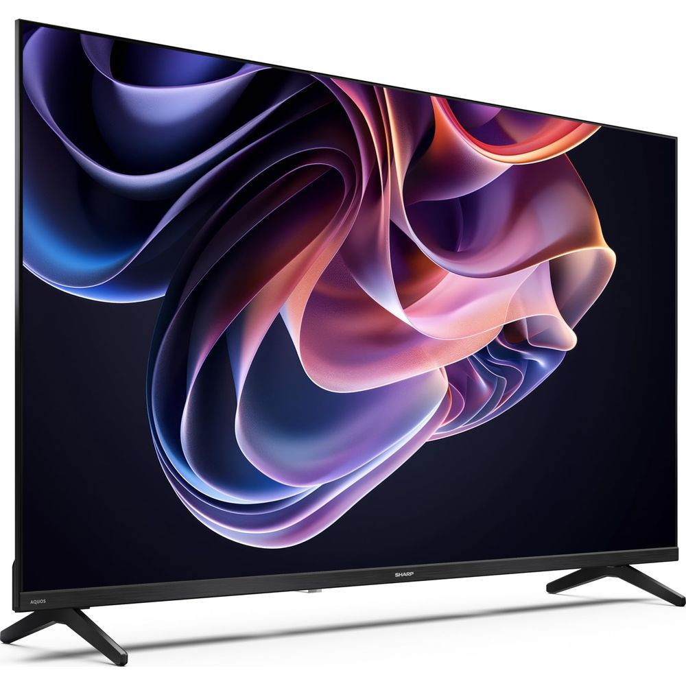 Ein schlanker Fernseher mit schwarzem Rahmen zeigt ein abstraktes, farbenfrohes Muster aus violetten und rosa Wellen.
