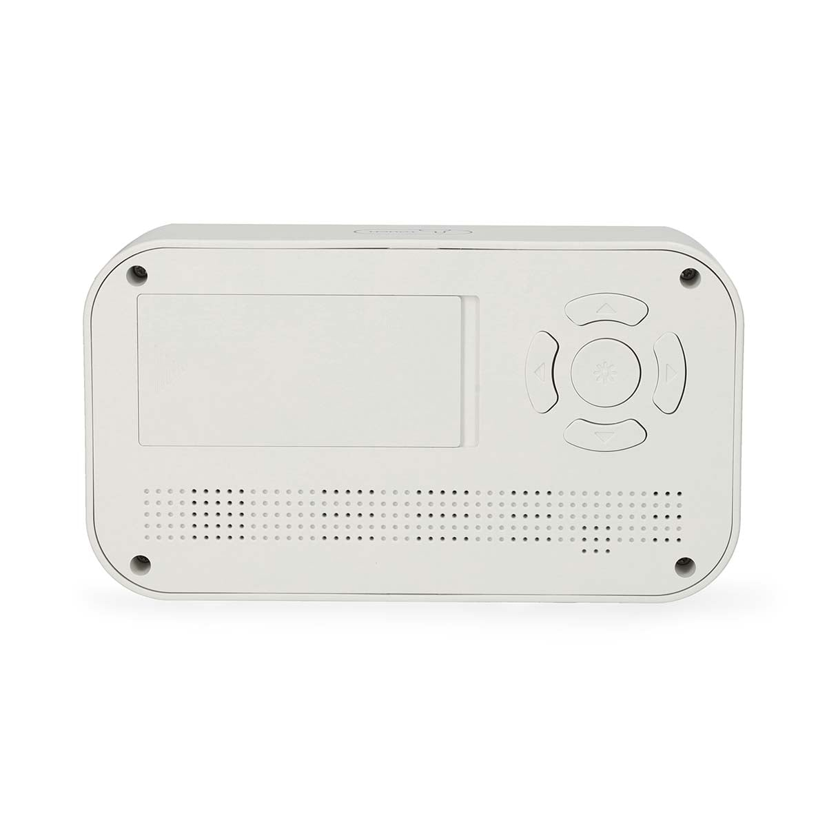 Vista trasera de un dispositivo electrónico blanco con teclado y rejillas de ventilación.