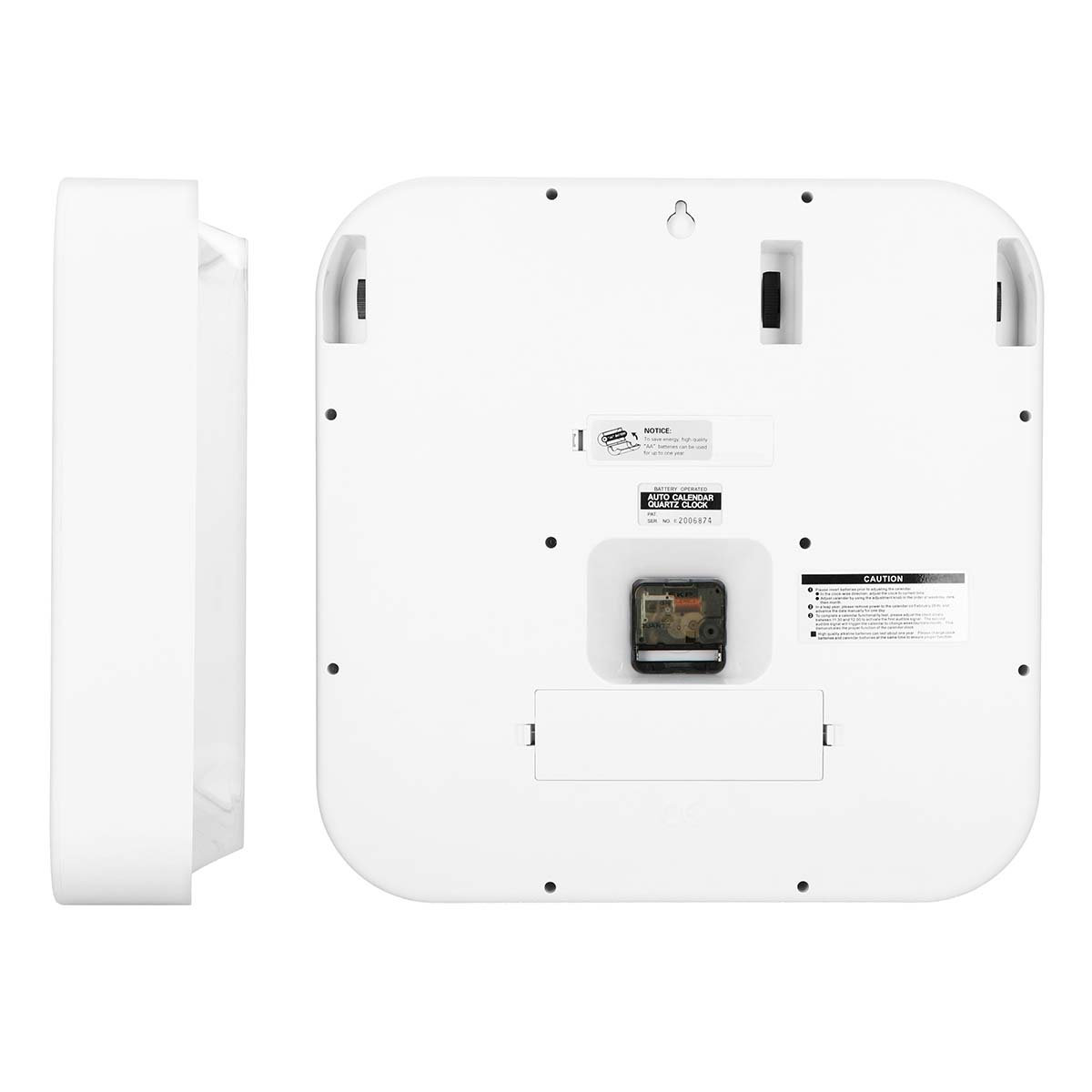 Rückansicht und Profil einer weißen Quarzuhr mit Batteriefach und Anleitung.