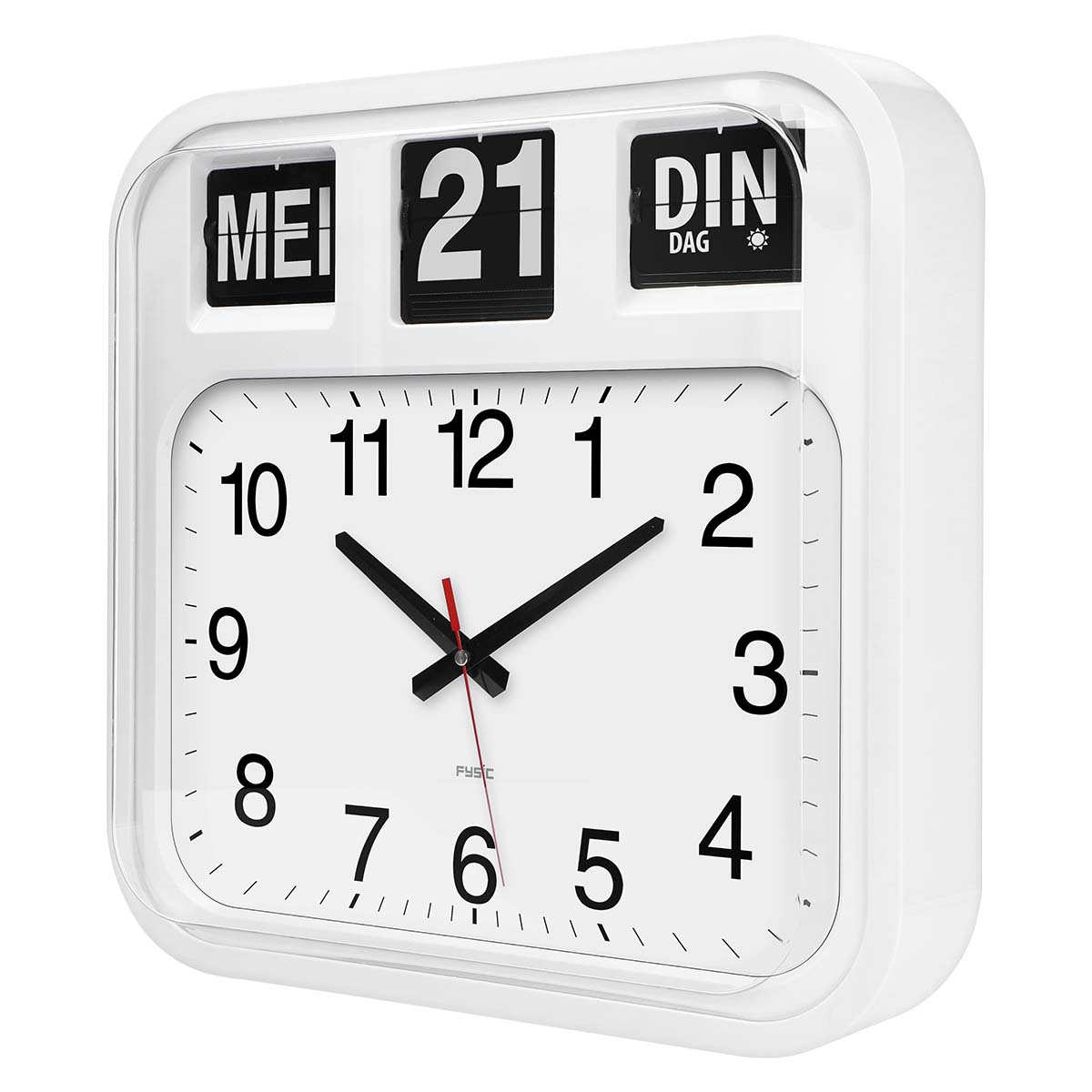 Eine weiße quadratische Wanduhr mit schwarzen Ziffern und digitalen Anzeigen für Monat, Datum und Tag oben.