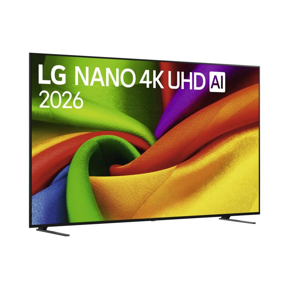 Téléviseur LG Nano 4K UHD 2026 affichant un fond texturé coloré avec un cadre noir fin sur pieds.