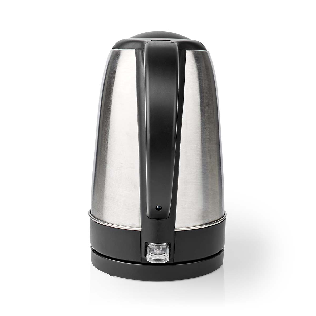 Une bouilloire électrique en acier inoxydable argenté avec poignée et base noires sur fond blanc.