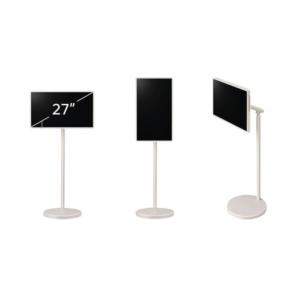 Trois vues d'un moniteur blanc de 27 pouces avec pied, en mode paysage et portrait.