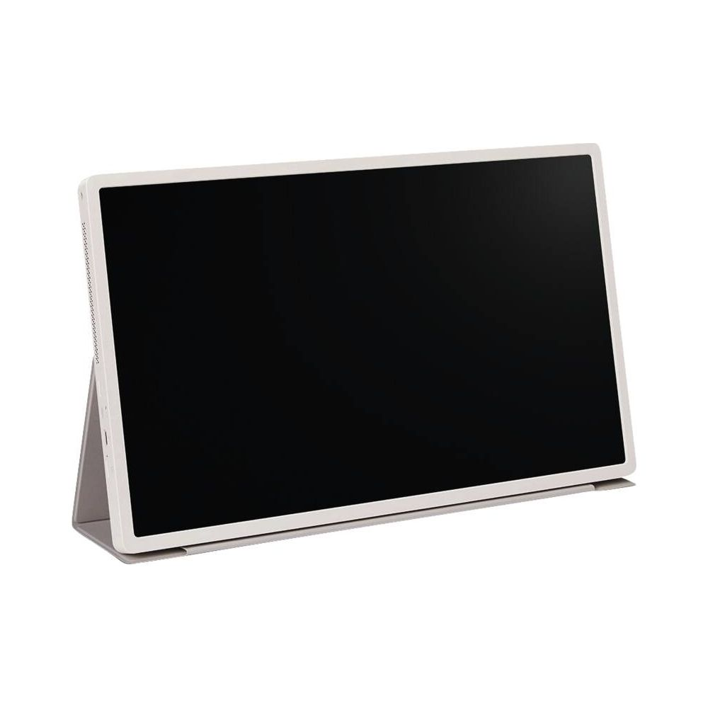 Une tablette blanche avec écran noir est soutenue par un support gris clair sur fond blanc.