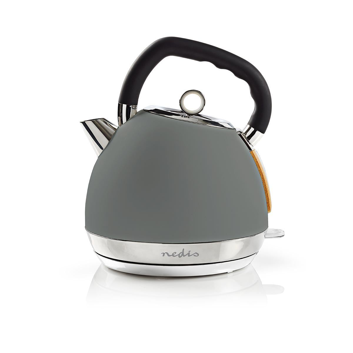 Bollitore elettrico grigio con manico nero e dettagli argentati su sfondo bianco.