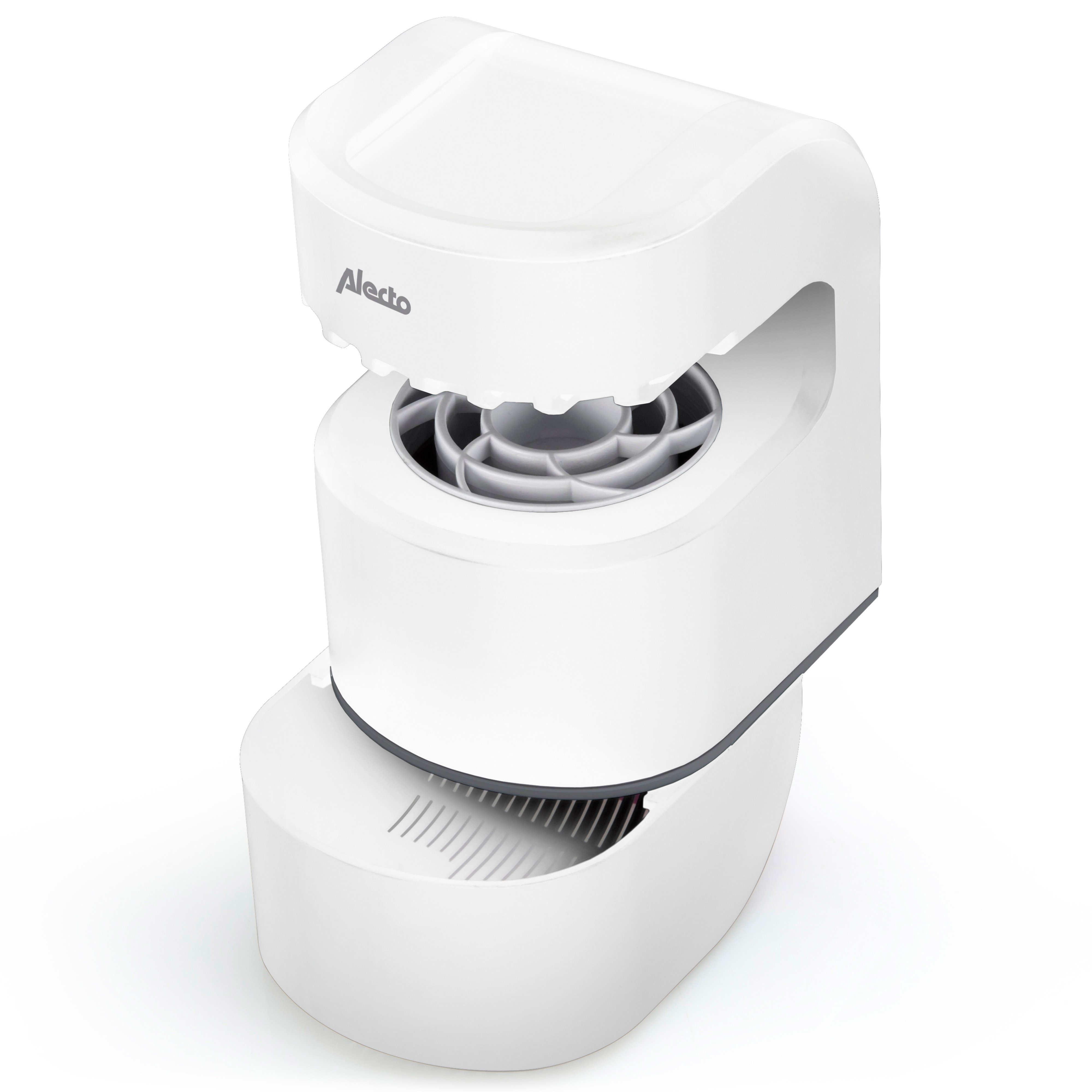 Een wit Alecto-apparaat met een grijze interne ventilator op een witte achtergrond.