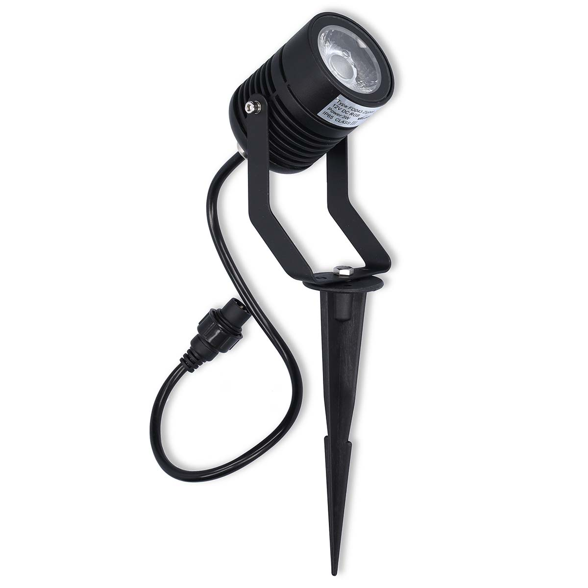 Un faretto da giardino a LED nero con paletto da terra e cavo di alimentazione su sfondo bianco.