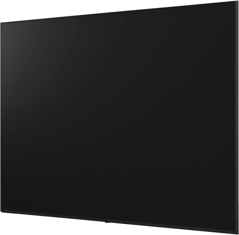 Una grande e moderna TV a schermo piatto con schermo nero e cornice sottile, mostrata ad angolo.
