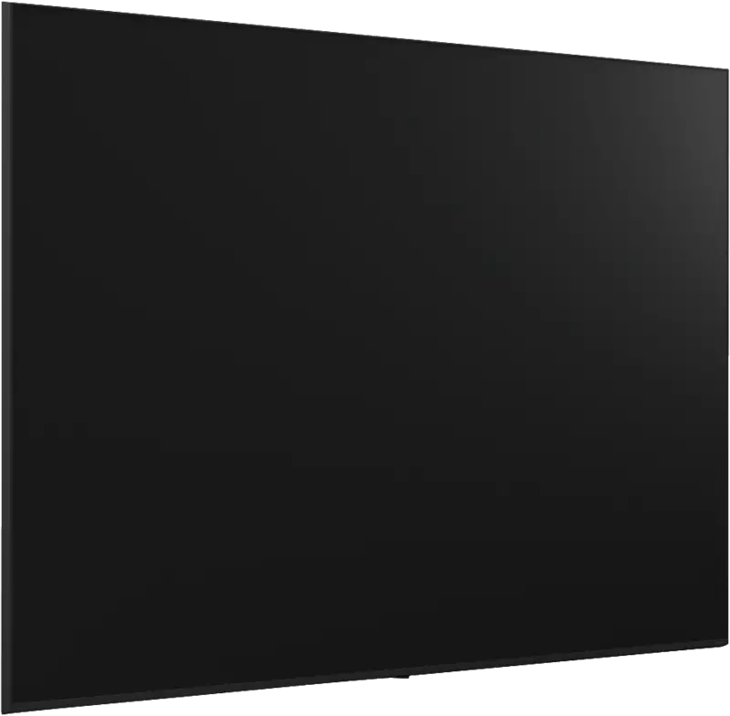 Una grande televisione a schermo piatto nera con lo schermo spento, posizionata in diagonale su sfondo bianco.
