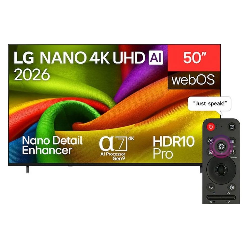 LG 50 Zoll Nano 4K UHD Fernseher mit webOS, AI Prozessor und schwarzer Fernbedienung vor farbigem Hintergrund.