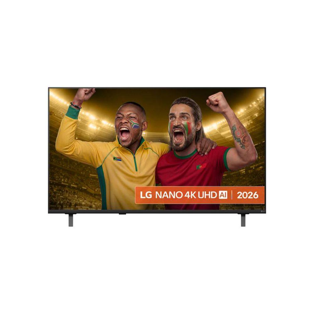Ein LG Nano 4K UHD AI Fernseher zeigt zwei jubelnde Männer in einem Stadion.