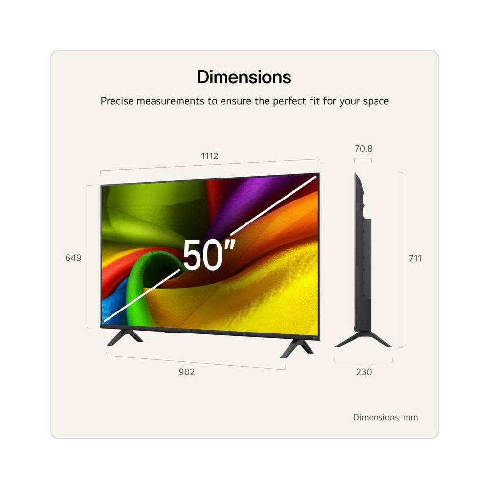 Technische Zeichnung der Abmessungen eines 50-Zoll-Fernsehers aus Front- und Seitenansicht mit Maßangaben in mm.