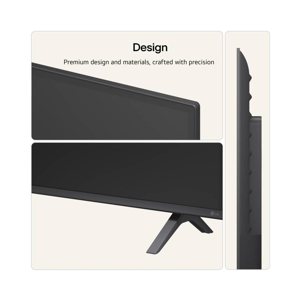 Nahaufnahme des schlanken TV-Designs mit Standfuß und Text.