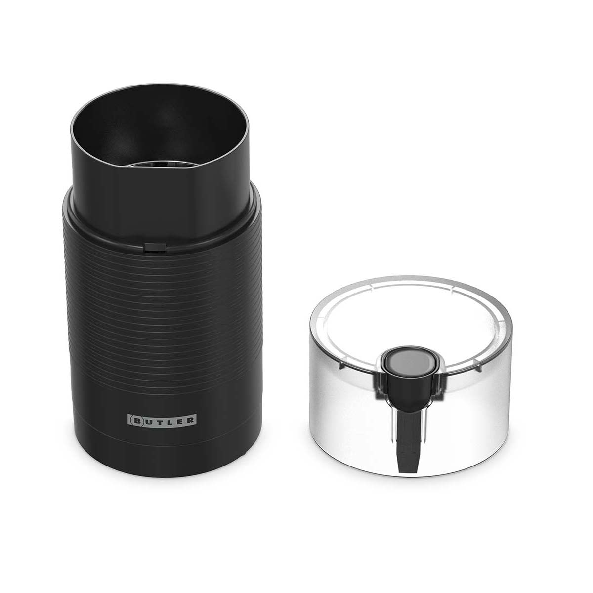 Schwarze Butler Kaffeemühle mit einem runden transparenten Behälter und schwarzem Deckel auf weißem Hintergrund.