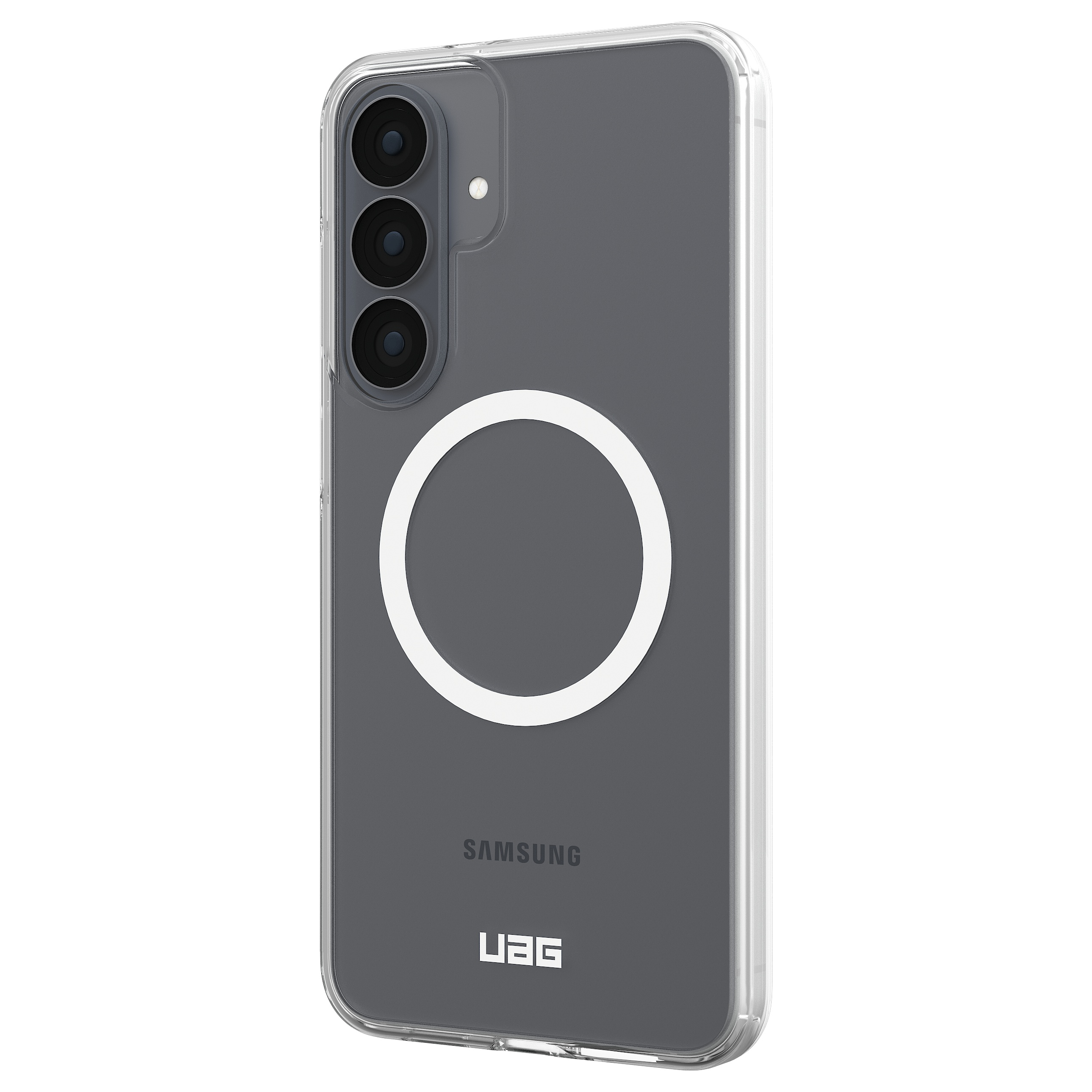 Rückseite einer transparenten Schutzhülle mit MagSafe-Ring und Samsung- sowie UAG-Logo.