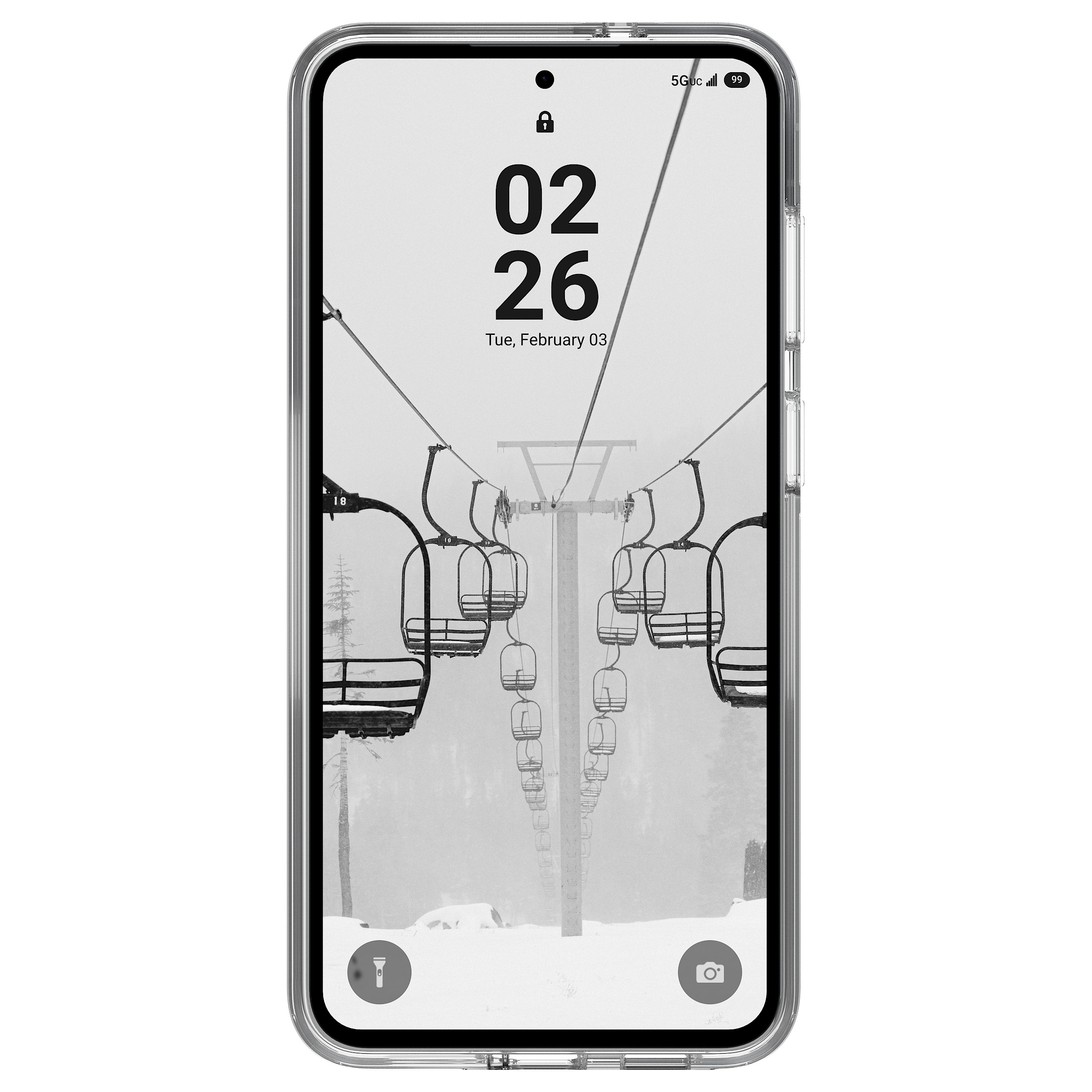 Smartphone im klaren Case mit einem Sperrbildschirm, der Skilifte zeigt.
