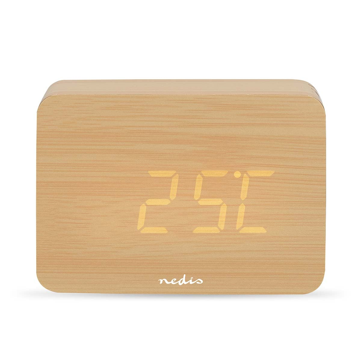 Un reloj de escritorio digital de madera que muestra una temperatura de 25 grados Celsius.