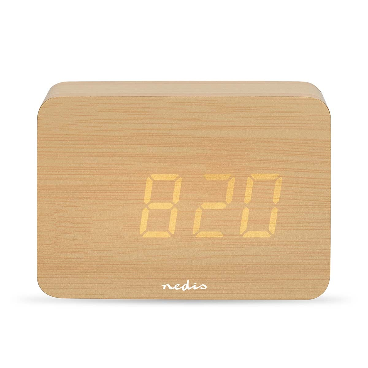 Un despertador rectangular de madera con dígitos amarillos brillantes y el logotipo de Nedis.