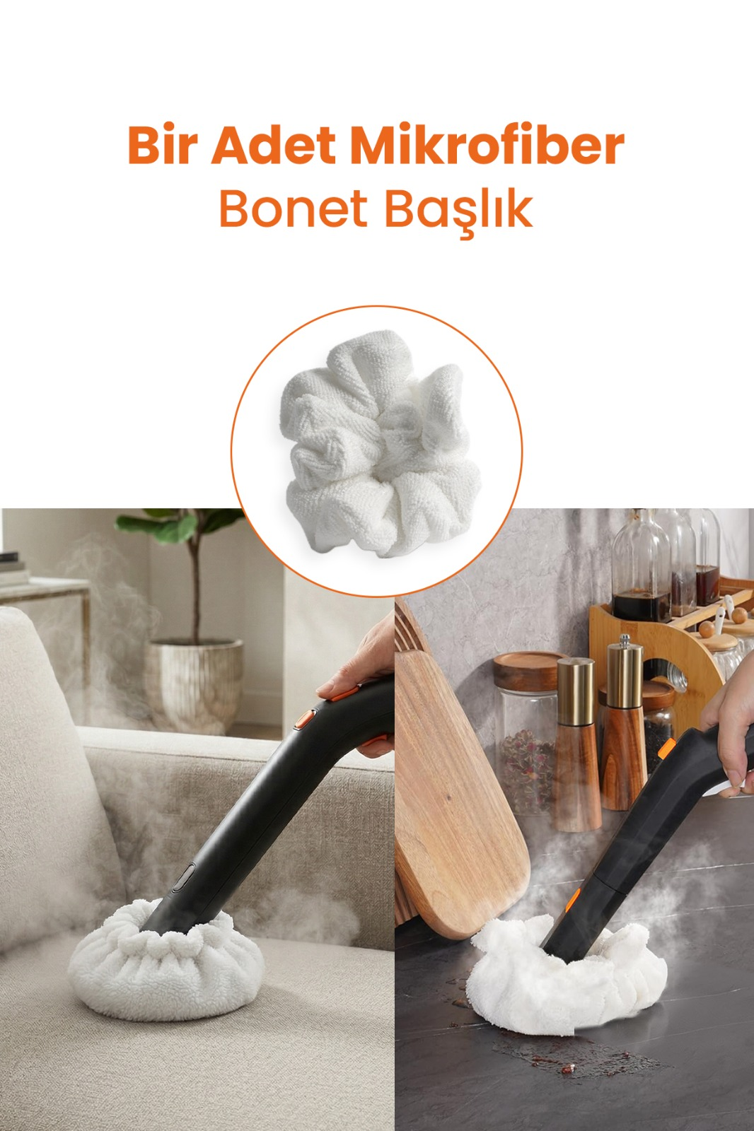 Bir adet beyaz mikrofiber bonet başlık koltuk ve yüzey temizliğinde buharlı kullanımda.