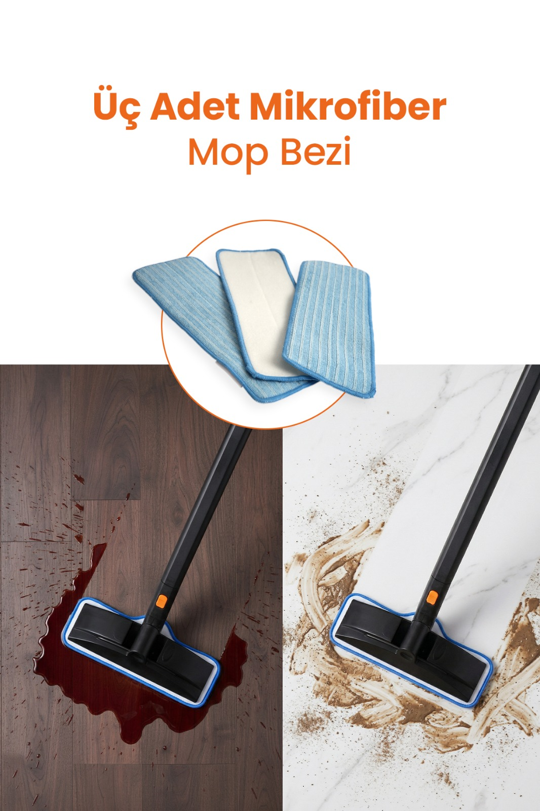 Üç mikrofiber mop bezi ve sıvı ile çamuru temizleyen bir mop.