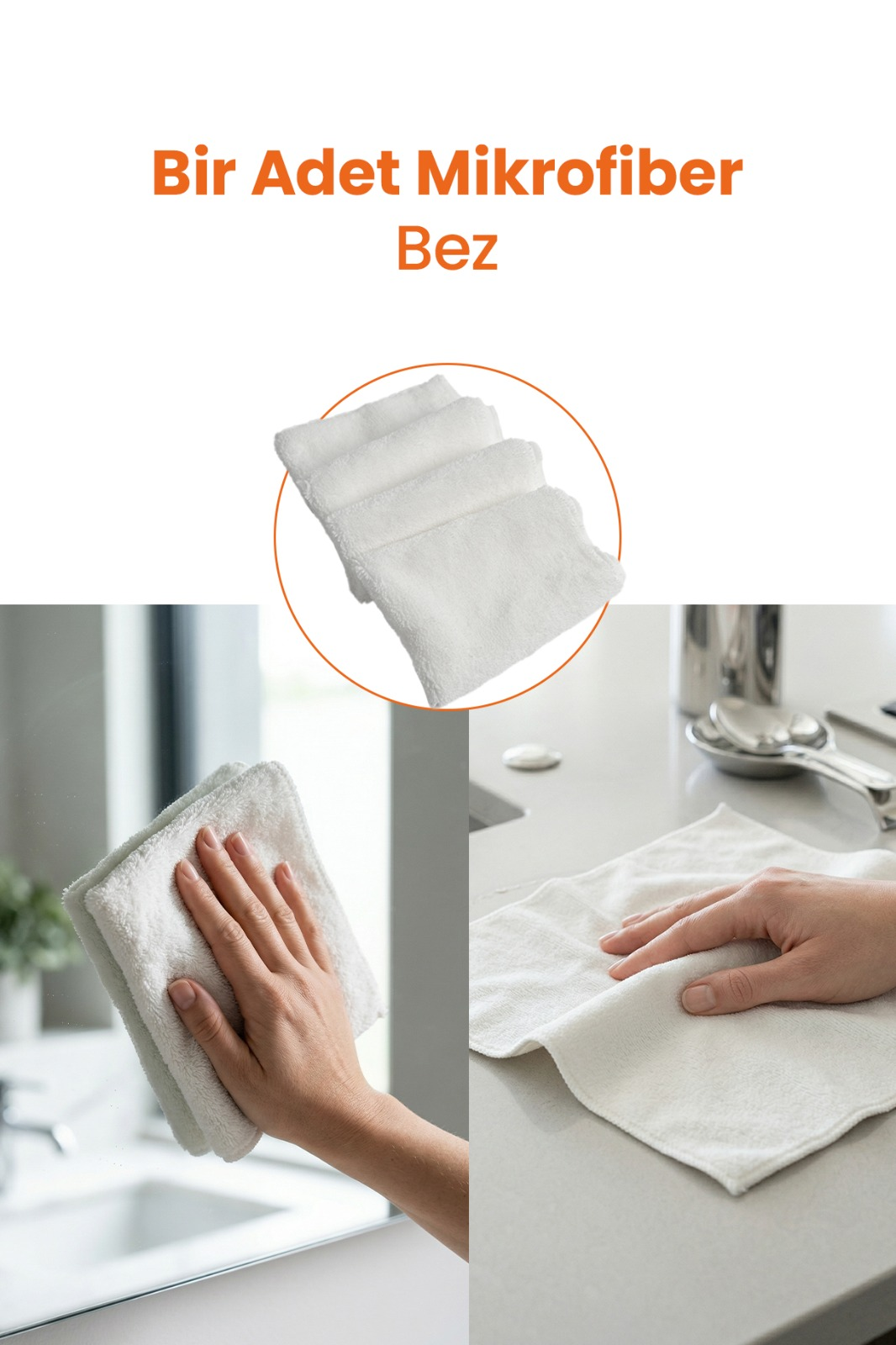 Beyaz mikrofiber bez, ayna ve mutfak tezgahını temizlerken iki farklı sahnede gösteriliyor.