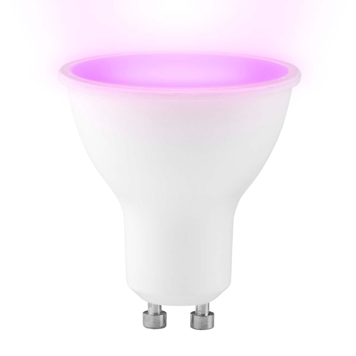 Eine weiße LED-Glühlampe mit pinkem Lichtschein vor weißem Hintergrund.