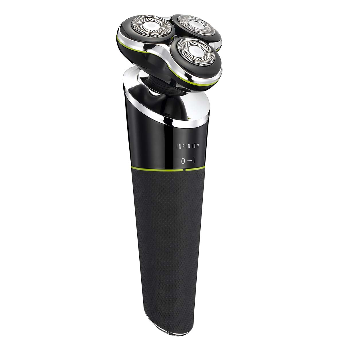 Un rasoio elettrico nero e cromato con tre testine rotanti circolari, impugnatura testurizzata e linea verde.