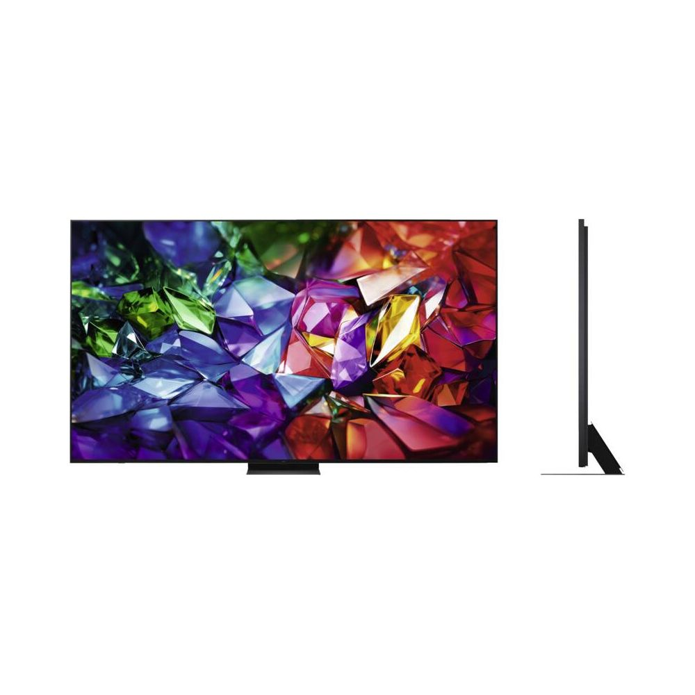 Una TV a schermo piatto mostra un motivo geometrico colorato e il suo profilo laterale è visibile accanto.