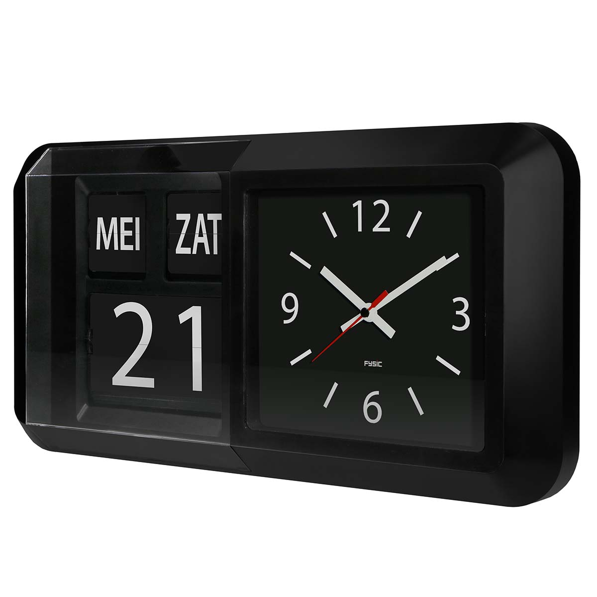 Eine schwarze digitale Wanduhr mit einem analogen Zifferblatt, weißem Zeiger und Kalenderanzeige.