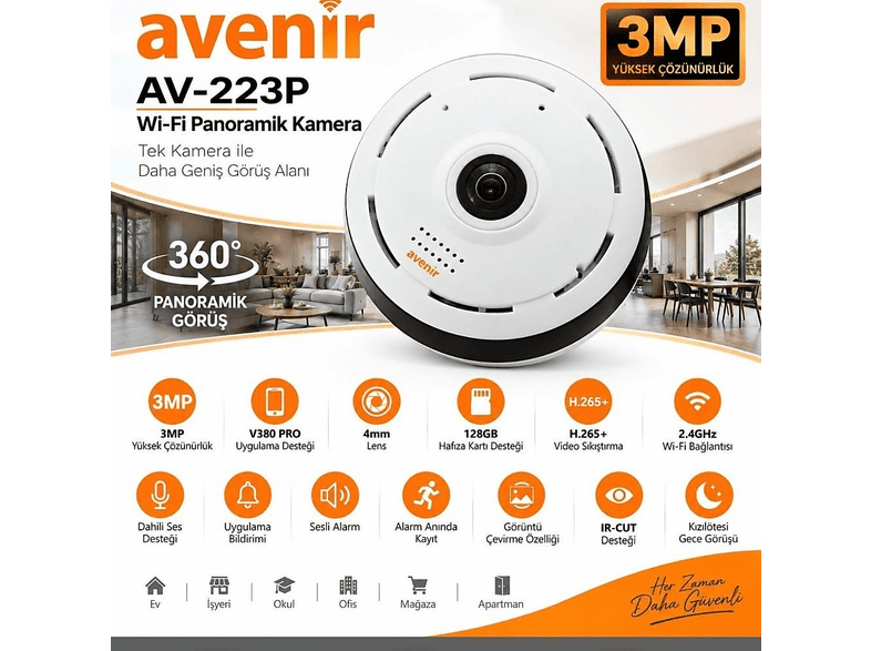 AVENIR AV-S223P 3MP Panaromik Wifi Tavan Kamera Beyaz
