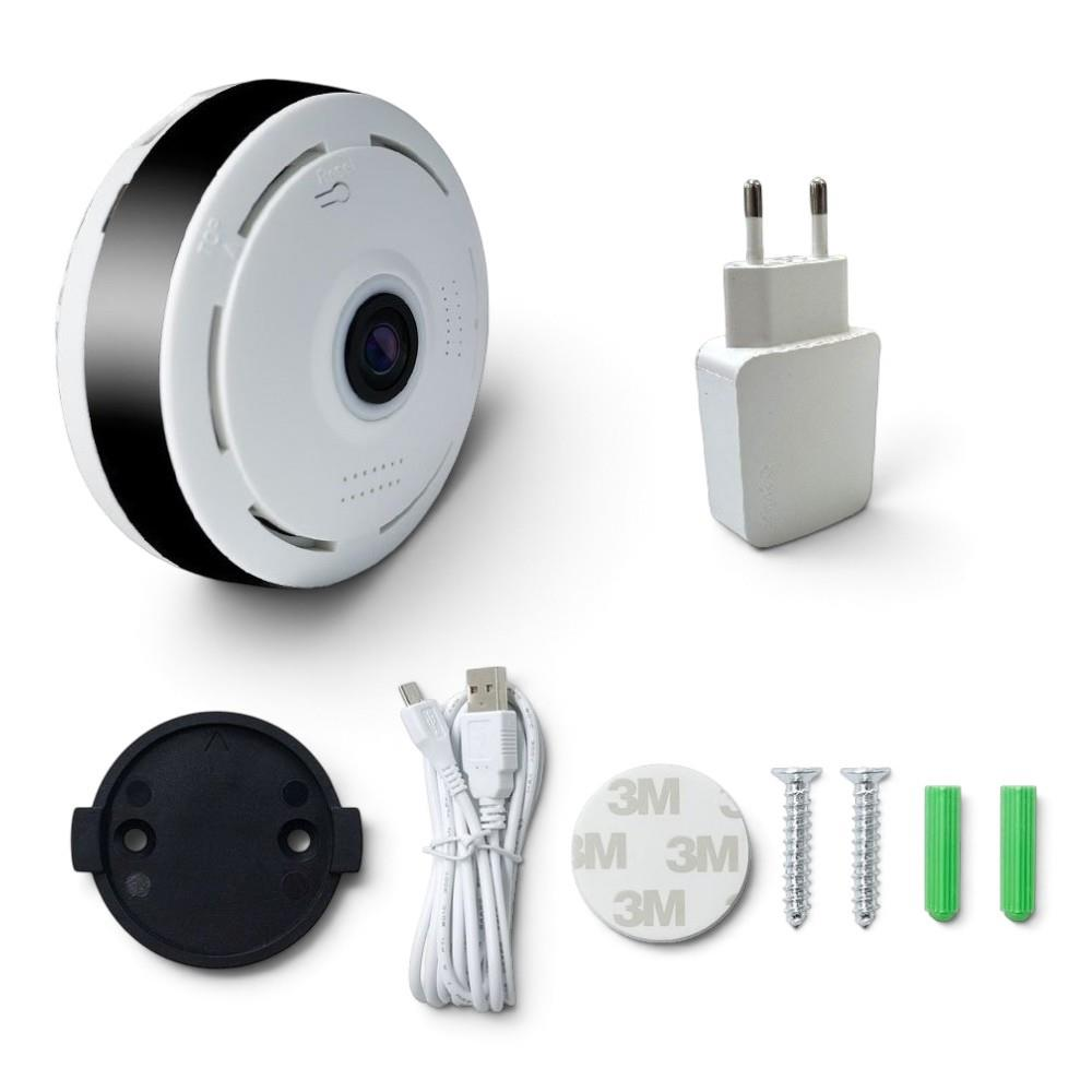 Güç adaptörü, USB kablosu, montaj braketi, 3M etiket, vidalar ve dübeller içeren beyaz panoramik kamera.