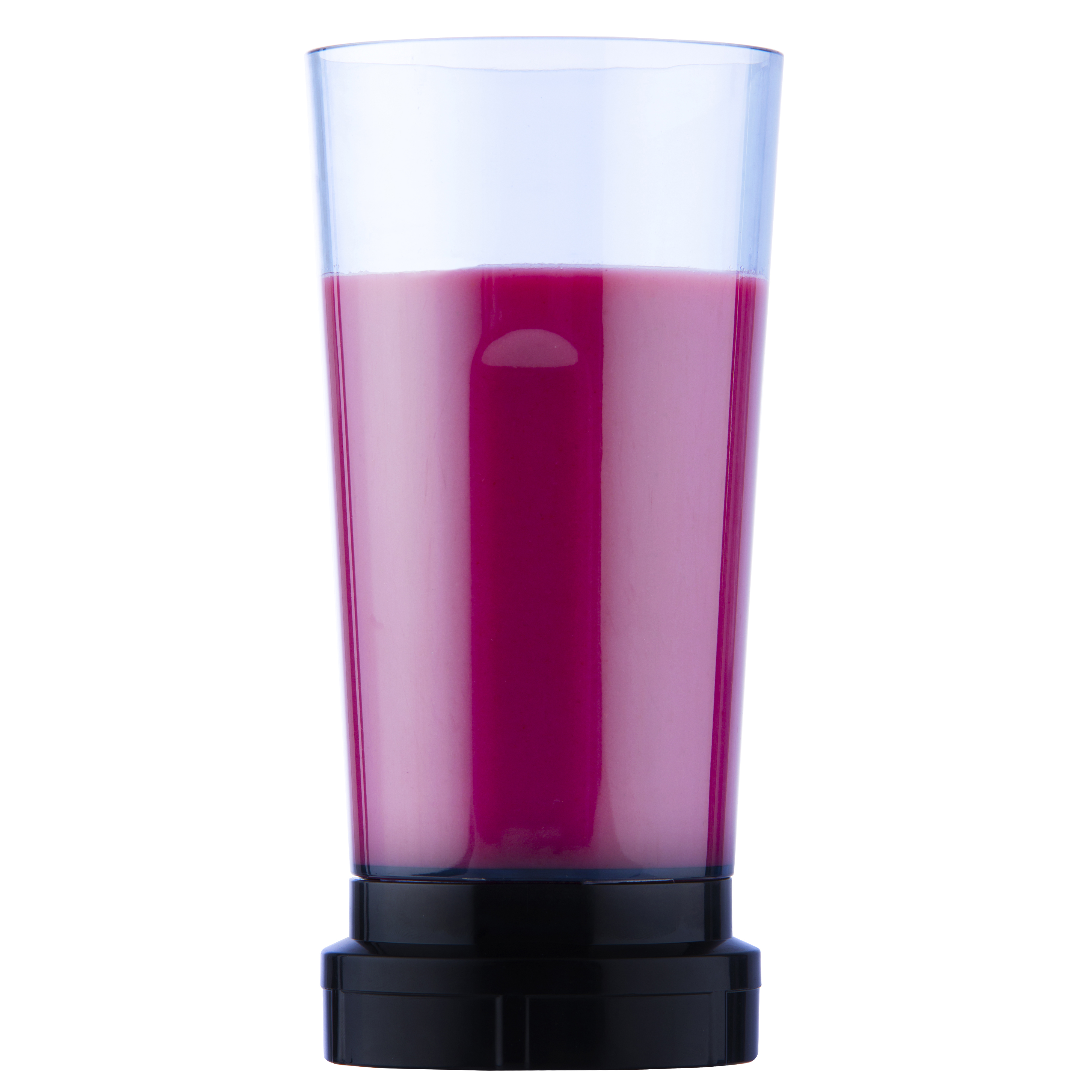Ein durchsichtiger Mixbecher auf schwarzem Sockel ist halbvoll mit einem pinkfarbenen Smoothie gefüllt.