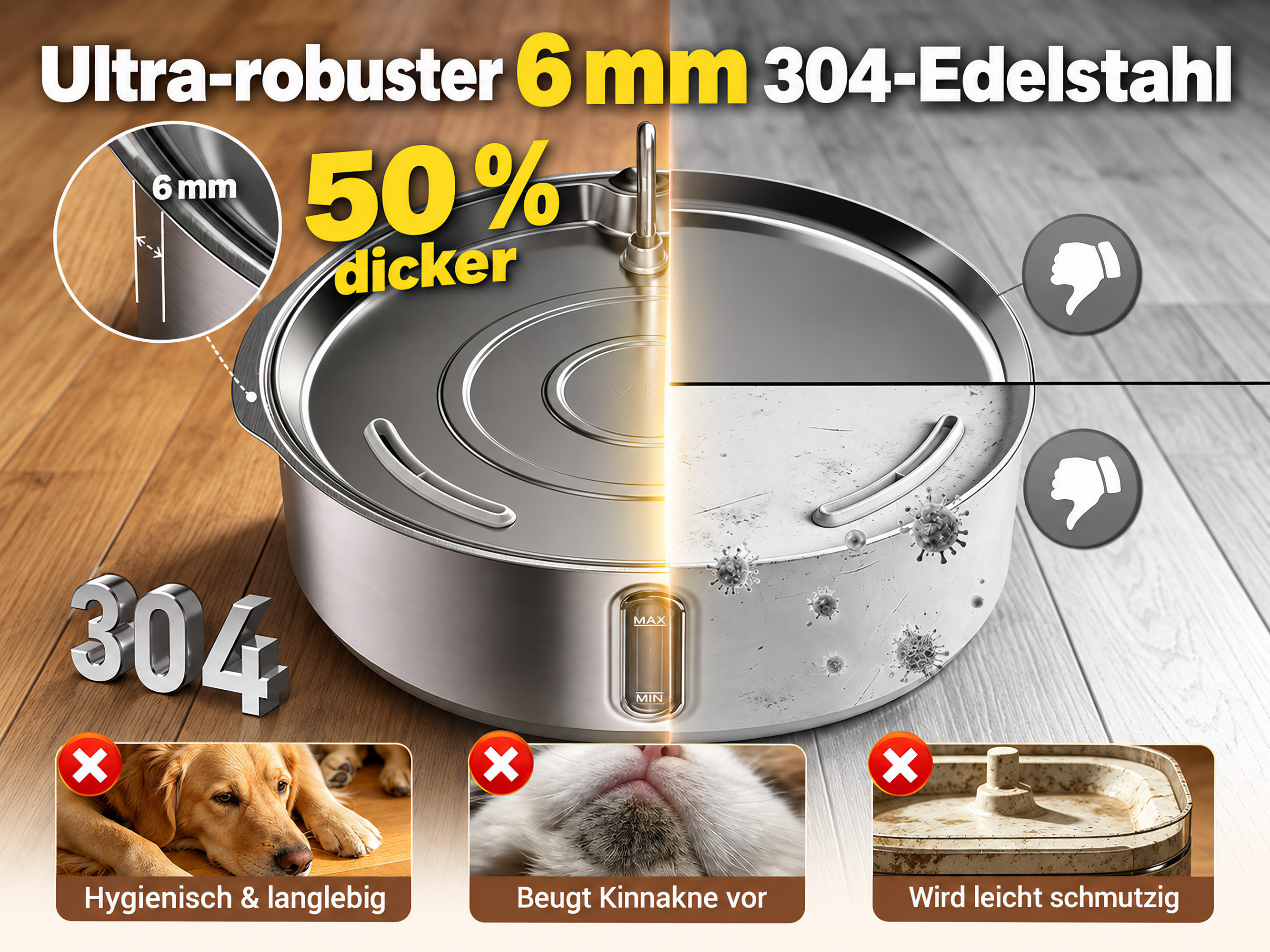Vergleich von robustem 6mm 304 Edelstahl Haustierbrunnen mit schmutzigen Alternativen.