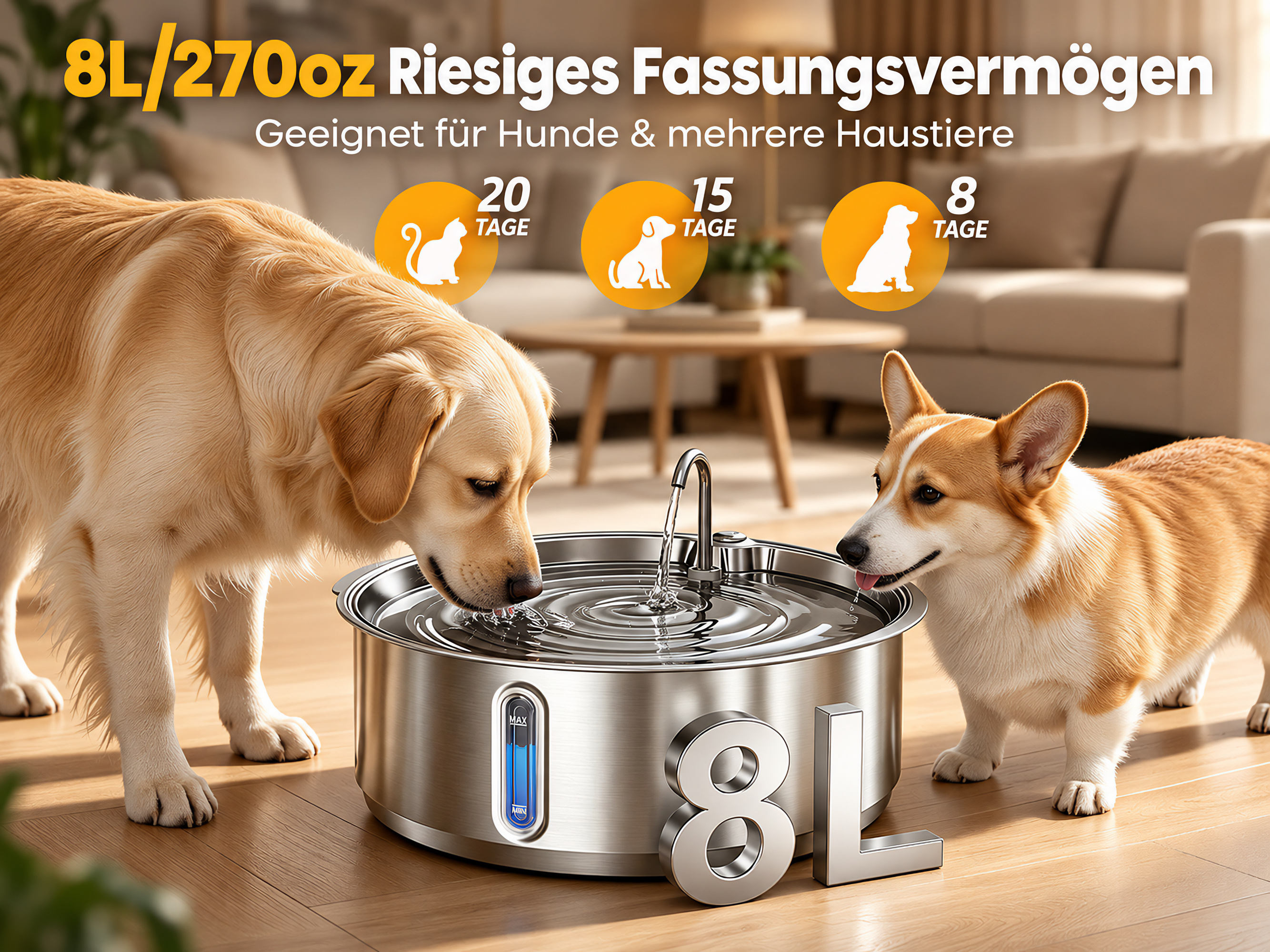 Golden Retriever und Corgi trinken aus einem großen 8L Edelstahl-Haustierbrunnen.